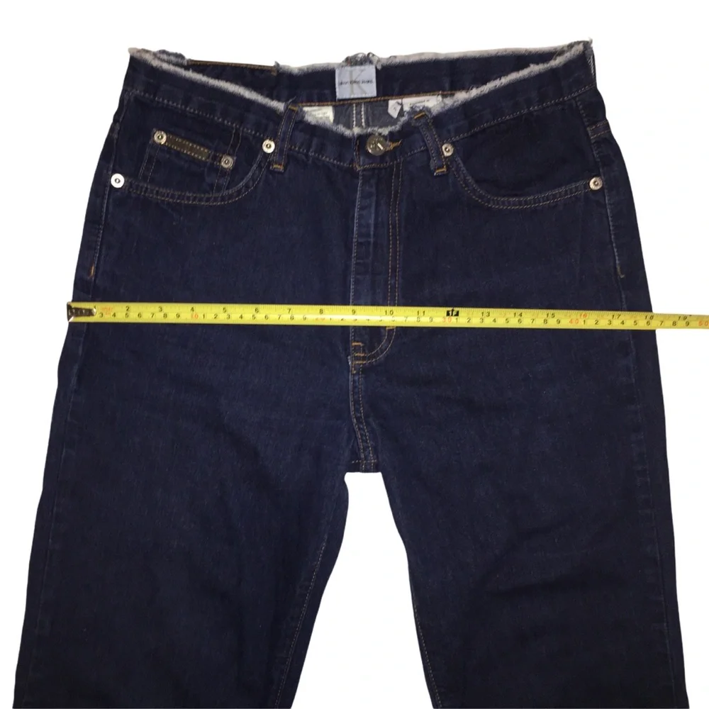 Highrise Flare Jeans, Distressed Denim, Frayed Waist/Hem, Dark Calvin Klein Sz 7 - Picture 12 of 13